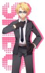  1boy absurdres belt black_gloves black_necktie blonde_hair chinese_commentary closed_mouth collared_shirt colored_shadow commentary_request cowboy_shot fish191101756 gloves hand_on_own_hip highres male_focus necktie one_piece sabo_(one_piece) scar scar_on_face shadow shirt short_hair solo 