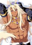  1boy 2021 abs animal_ears arm_behind_head armpits arms_up blonde_hair borrowed_character commentary_request dated elbow_gloves flower gem gloves hair_between_eyes head_wreath highres jewelry long_hair long_sidelocks looking_at_viewer loose_pants male_focus muscular muscular_male nipples original pectorals purple_eyes purple_flower purple_gem sethos_(crescentia_fortuna) shadow sidelocks signature smile solo tan upper_body white_flower yajiro_masaru 