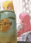  2girls ahoge blonde_hair bocchi_the_rock! can commentary convenient_censoring cube_hair_ornament curtains gotoh_hitori hair_between_eyes hair_ornament hair_over_eyes high_side_ponytail highres ijichi_nijika implied_futanari implied_sex jacket long_hair multiple_girls pink_hair pink_jacket seisyuntarotto shirt side_ponytail untranslatable_commentary 