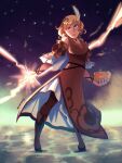  1girl blonde_hair book boots breasts brown_dress brown_pantyhose citrinne_(fire_emblem) dress earrings fire_emblem fire_emblem_engage full_body gold_choker gold_trim hair_ornament highres holding holding_book hoop_earrings jewelry knee_boots leather_wrist_straps looking_at_viewer medium_breasts mismatched_earrings night pantyhose phlavours red_eyes short_hair sky solo standing star_(sky) starry_sky wing_hair_ornament 