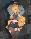  1boy absurdres aether_(genshin_impact) arms_up black_gloves brown_eyes commentary cosplay earrings english_commentary fingerless_gloves genderswap genderswap_(ftm) genshin_impact gloves green_jacket hair_over_one_eye high-waist_shorts highres jacket jane_doe_(zenless_zone_zero) jane_doe_(zenless_zone_zero)_(cosplay) jewelry john_doe_(zenless_zone_zero)_(scopeophilia) long_hair male_focus midriff mihoyo necktie pantyhose pointy_ears red_nails shorts single_leg_pantyhose smile torn_clothes torn_pantyhose trap two-tone_necktie very_long_hair viveimoon wide_hips zenless_zone_zero 