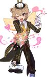  1boy animal_hat black_coat black_eyes black_hat black_pants black_suit bouquet bowler_hat brown_hair chris_(mischief_manor)_(puyopuyo) chris_(puyopuyo) coat coattails collared_shirt commentary_request fairy fairy_wings flower foot_out_of_frame gloves hat heart highres holding holding_bouquet looking_at_viewer male_focus mini_hat necktie one_eye_closed open_mouth orange_wings pants pink_flower pointy_ears puyopuyo puyopuyo_quest rabbit_hat shirt shoes short_hair simple_background smile solo striped_coat suit tailcoat urolo vertical-striped_coat white_background white_flower white_gloves white_shirt white_shoes wings yellow_flower yellow_necktie 