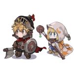  1boy 1girl armor axe battle_axe belt belt_buckle black_pants blonde_hair blue_dress blue_eyes blue_scarf blush boots breastplate brown_belt brown_boots brown_eyes brown_gloves buckle cape chain chibi cloak closed_mouth commentary crescent crescent_print dress eyelashes fantasy full_body gem gloves green_gem hair_between_eyes helmet highres holding holding_axe holding_shield holding_staff hood hood_up hooded_cloak jun_(navigavi) looking_afar looking_to_the_side mage_staff medium_hair orange_scarf original pants print_cloak red_cape round_shield sandals scarf shadow shield short_hair simple_background staff standing star_(symbol) star_print thigh_boots visor_(armor) visor_lift watermark weapon white_background white_cloak wooden_shield yellow_sandals yellow_scarf 