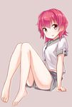  abe_kanari arm_support barefoot fang highres kantai_collection kinu_(kantai_collection) knees_together_feet_apart looking_at_viewer panties panty_peek pigeon-toed pink_eyes pink_hair sailor_collar school_uniform serafuku short_hair shorts sitting solo underwear white_panties 