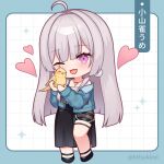  1girl ahoge animal bare_shoulders bird black_shoes black_shorts black_skirt blue_jacket chibi commentary_request copyright_request grey_hair grey_shirt grid_background heart hitsuki_rei holding holding_animal jacket long_hair long_sleeves off_shoulder open_clothes open_jacket pink_eyes puffy_long_sleeves puffy_sleeves shirt shoes shorts skirt sleeves_past_wrists solo translation_request twitter_username very_long_hair virtual_youtuber 