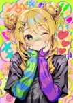  1girl ;) ahoge alternate_hairstyle anjerain bandaid bandaid_on_face bandaid_on_nose black_shirt blonde_hair blue_sleeves blush closed_mouth commentary_request double_bun fingernails food-themed_hair_ornament green_eyes green_hair green_sleeves hair_bun hair_ornament hairclip hands_on_own_cheeks hands_on_own_face highres hoshii_miki idolmaster idolmaster_(classic) layered_sleeves long_sleeves looking_at_viewer multicolored_sleeves nail_polish one_eye_closed onigiri_hair_ornament pink_sleeves print_shirt purple_sleeves shirt short_over_long_sleeves short_sleeves smile solo star_(symbol) star_hair_ornament strawberry_hair_ornament striped_sleeves upper_body 