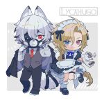  2boys ahoge animal_ear_fluff animal_ears apron belt belt_buckle black_belt black_bow black_dress black_jacket black_pants black_shoes black_streaks blonde_hair bobby_socks body_fur bow bowtie buckle buttons character_name chibi chibi_only closed_mouth collared_dress collared_shirt commentary_request crossdressing crossdressing_(mtf) cup dress ear_piercing enmaided expressionless eyepatch fang frilled_apron frilled_dress frills furry furry_male grey_background grey_eyes grey_vest hair_between_eyes hair_bow hand_up hands_up heterochromia holding holding_tray holding_unworn_clothes holding_unworn_jacket hugo_vlad jacket lapels leg_up long_hair long_sleeves looking_at_viewer low_ponytail maid maid_apron maid_headdress male_focus male_maid mary_janes mole mole_under_eye multicolored_hair multiple_boys muzzle_(mask) necktie one_eye_covered open_clothes open_jacket pants parted_bangs piercing pointy_ears ponytail puffy_short_sleeves puffy_sleeves purple_bow purple_bowtie red_eyes red_necktie shirt shoes short_hair short_sleeves sidelocks skin_fang smile socks spilling standing standing_on_one_leg streaked_hair sweet_love4s tail tail_belt tea teacup teapot thigh_strap tray two-tone_background unworn_jacket very_long_hair vest von_lycaon white_apron white_background white_fur white_hair white_shirt white_socks wing_collar wolf_boy wolf_ears wolf_tail zenless_zone_zero 