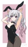  1girl 9-nine- ahoge alternate_costume animal_ear_hairband animal_ears armpits arms_up black_bow black_bowtie black_hairband black_leotard black_pantyhose black_ribbon border bow bowtie braid breasts cleavage closed_mouth commentary covered_groin cowboy_shot crosspuzzle detached_collar eyes_visible_through_hair fake_animal_ears fake_tail grey_hair hair_between_eyes hair_ribbon hairband highleg highleg_leotard large_breasts leotard light_blush long_hair looking_at_viewer niimi_sora open_hands outside_border pantyhose pink_background playboy_bunny purple_eyes rabbit_ear_hairband rabbit_ears rabbit_pose rabbit_tail ribbon side_ponytail sidelocks signature simple_background single_braid smile solo split_mouth strapless strapless_leotard tail very_long_hair white_border white_wrist_cuffs wrist_cuffs 