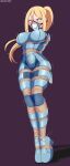  1girl absurdres arms_behind_back bagelbomb ball_gag bdsm blonde_hair blue_bodysuit blue_eyes blush bodysuit bondage bound bound_ankles bound_feet bound_legs bound_thighs bound_torso breasts commentary crotch_rope english_commentary full_body gag gag_harness gagged high_ponytail highres impossible_bodysuit impossible_clothes large_breasts metroid mole mole_under_mouth motion_lines ponytail samus_aran shibari shibari_over_clothes simple_background skin_tight solo tape tape_bondage taped_hands torture twitter_username zero_suit 