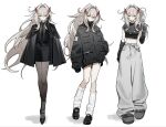  1girl alternate_costume alternate_hairstyle arm_warmers belt black_arm_warmers black_belt black_gloves black_jacket black_necktie black_pantyhose black_shirt black_shoes black_skirt black_slippers black_socks casual closed_mouth clothes_on_shoulders coat collared_shirt commentary_request contemporary earphones_around_neck expressionless eye_hair_ornament floating_hair full_body genshin_impact gloves grey_hair grey_pants hair_between_eyes hair_intakes hand_up highres jacket leather leather_gloves long_hair long_sleeves looking_at_viewer midriff multiple_views navel necktie pants pantyhose ronova_(genshin_impact) shirt shoes short_sleeves simple_background skirt slippers socks socks_over_pantyhose symbol-shaped_pupils very_long_hair white_background white_socks winter_clothes winter_coat yellow_eyes yui_(linaw-key08) 