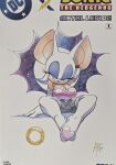  1girl absurdres adam_bryce_thomas animal_ears animal_nose arm_behind_head bat_ears bat_girl bat_wings blue_eyeshadow boots breasts cleavage comic_cover cover cover_page dc_x_sonic_the_hedgehog eyeshadow furry furry_female gloves green_eyes highres large_breasts looking_at_viewer makeup official_artist_extra ring_(sonic) rouge_the_bat signature sonic_(series) white_background white_boots white_fur white_gloves wings 