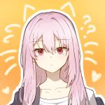  1girl ? ?? animal_ears black_jacket cat_ears closed_mouth collarbone commentary drawn_ears drawn_whiskers eyelashes eyes_visible_through_hair frown hair_between_eyes harumi_ena heart highres jacket limelight_lemonade_jam long_hair looking_at_viewer open_clothes open_jacket orange_background outline pink_hair red_eyes shirt sidelocks simple_background solo tsurime twitter_username upper_body uragamenn white_outline white_shirt 