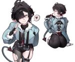  1boy absurdres animal_ears ass black_gloves commentary cropped_legs fingerless_gloves from_behind fur-trimmed_jacket fur_trim garter_straps genderswap genderswap_(ftm) gloves green_eyes green_jacket hair_over_one_eye high-waist_shorts highres jacket jane_doe_(zenless_zone_zero) john_doe_(zenless_zone_zero)_(scopeophilia) kasatkwiw looking_at_viewer male_focus mouse_boy mouse_ears mouse_tail pantyhose rat_boy sharp_tail shorts simple_background single_garter_strap single_leg_pantyhose smile standing tail tail_around_arm torn_clothes torn_pantyhose trap untranslatable_commentary very_long_tail zenless_zone_zero 