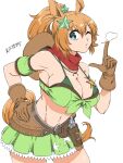  1girl animal_ears armband bandana bandeau bare_shoulders blue_eyes breasts brown_gloves brown_hair cleavage collarbone colt_single_action_army commentary_request cowboy_hat gloves green_armband green_bandeau green_skirt gun hair_ornament hand_on_own_hip hat hat_on_back highres holstered horse_ears horse_girl horse_tail large_breasts leaning_forward long_hair looking_at_viewer maki_yoshitake midriff navel one_eye_closed ponytail puckered_lips puff_of_air red_bandana revolver sheriff_badge skirt solo star_(symbol) star_hair_ornament taiki_shuttle_(umamusume) taiki_shuttle_(wild_frontier)_(umamusume) tail umamusume weapon 