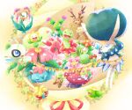  bellossom bouquet calyrex celebi cherrim cherrim_(sunshine) chespin closed_eyes closed_mouth commentary_request floating floral_background florges florges_(orange_flower) flower garland_(decoration) gossifleur grass_type_theme_(pokemon) highres lilligant looking_at_another lurantis maractus meganium open_mouth petals pokemon pokemon_(creature) pokemon_day pokemon_focus roselia_(pokemon) samsung_(yuzuikka) sawsbuck sawsbuck_(spring) shaymin shaymin_(land) skiploom smile sunflora two-tone_background venusaur vileplume yellow_background 