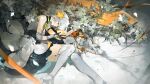  1girl absurdres bare_shoulders boots chinese_commentary commentary_request commission dress fetal_position flower grey_hair hair_flower hair_ornament highres lily_(flower) lying medium_hair on_floor on_side original ribbon sleeveless sleeveless_dress solo thigh_boots tugou_tongku white_boots white_dress white_hair 