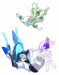  1boy 1girl anklet armlet armor arms_up black_bridal_gauntlets black_hair black_sandals black_shorts blue_cape blue_hat blue_jingasa blue_kimono blue_sleeves blunt_ends bridal_gauntlets cape colored_inner_hair colored_tips commentary_request constricted_pupils detached_sleeves doodle_inset dress falling feathers genshin_impact gold gold_anklet gold_armlet gold_trim green_cape green_eyes green_hair green_sleeves hair_ornament hat heart heart_hair_ornament highres japanese_armor japanese_clothes jewelry jingasa juban kimono korean_commentary kote kurokote layered_sleeves leg_warmers long_hair looking_at_another multicolored_hair nahida_(genshin_impact) open_clothes open_hands open_kimono open_mouth outstretched_arms purple_hair sandals scaramouche_(genshin_impact) scene_reference short_dress short_sleeves shorts side_cape side_ponytail sidelocks socks spread_arms stirrup_footwear sweatdrop tareme wanderer_(genshin_impact) white_background white_dress white_hair white_kimono white_leg_warmers white_sleeves white_socks yellow_feathers yoyuyu_0 zouri 