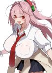  1girl absurdres blush bracelet breasts clothes_around_waist commentary_request cottongumi fate/grand_order fate_(series) flower hair_flower hair_intakes hair_ornament half_updo highres huge_breasts jewelry long_hair looking_at_viewer necktie open_mouth partial_commentary pink_hair red_eyes shirt simple_background skirt sleeves_rolled_up smile solo sweater sweater_around_waist verdandi_(fate) white_background 