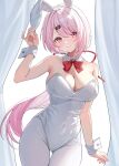  1girl absurdres animal_ear_hairband animal_ears ass_visible_through_thighs bare_shoulders breasts cleavage closed_mouth commentary_request detached_collar fake_animal_ears hair_ribbon hairband hand_up highres large_breasts leotard looking_at_viewer low_neckline low_ponytail nijisanji pantyhose pink_hair playboy_bunny ponytail rabbit_ear_hairband rabbit_ears ribbon shiina_yuika smile solo strapless strapless_leotard thigh_gap tillots virtual_youtuber white_leotard white_pantyhose wrist_cuffs 