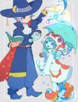  1boy 1girl arm_up ascot baggy_pants belt blue_eyes blue_hair blue_hat blue_pants blue_shirt blue_shoes blue_skin blue_umbrella book boots brown_belt cape colored_skin commentary_request crescent crescent_hat_ornament familiar fish_hat floating full_body ghost grey_background hat hat_ornament height_difference highres holding holding_book holding_umbrella hydrokinesis liquid_hair long_sidelocks looking_at_another monocle monster_girl one_eye_closed open_book open_mouth pants puyopuyo puyopuyo_quest rainbow_gradient raincoat red_boots red_cape red_hat richard_(puyopuyo) shirt shoes short_hair short_hair_with_long_locks sidelocks simple_background slime_girl smile standing standing_on_one_leg star_(symbol) umbrella undine_(puyopuyo) urolo water white_ascot white_raincoat witch_hat 