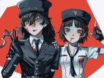  1boy 1girl amamiya_ren black_gloves black_hair black_jacket black_necktie blood blood_from_mouth blood_on_face commentary_request cuffs fingerless_gloves gloves hand_on_another's_shoulder handcuffs hat height_difference highres holding holding_handcuffs index_finger_raised jacket long_hair looking_at_viewer necktie niijima_makoto official_alternate_costume parted_lips persona persona_5 persona_5:_dancing_star_night persona_dancing police police_hat police_uniform policewoman red_eyes ryoumapppp shirt short_hair straight-on white_shirt wing_collar zombie 