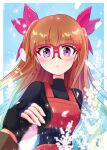  1girl aqua_hair black_gloves black_shirt blue_gloves blush bow brown_hair commentary_request cropped_shirt fingerless_gloves glasses gloves gradient_hair hair_bow long_hair looking_at_viewer multicolored_hair ohdo_yuamu open_mouth purple_eyes red-framed_eyewear red_bow red_shirt red_skirt red_streaks s_ebi shirt skirt solo streaked_hair two-tone_hair very_long_hair yu-gi-oh! yu-gi-oh!_go_rush!! 