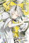  1girl anchun_(quail0503) arm_wrap character_request clothing_request commentary copyright_request doll hat highres horns light_smile one_eye_closed robe signature single_horn solo tagme thighhighs untranslatable_commentary upper_body watermark white_hair white_robe white_thighhighs yellow_eyes yellow_hat 