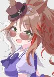  1girl absurdres animal_ears arnolddayo bow bowtie braid breasts brown_hair commentary ears_through_headwear fang fedora forever_young_(umamusume) green_eyes hat highres horse_ears horse_girl horse_tail large_breasts long_hair looking_at_viewer mismatched_pupils multicolored_hair open_mouth puffy_short_sleeves puffy_sleeves purple-tinted_eyewear purple_bow purple_bowtie purple_shirt red-tinted_eyewear red_streaks sailor_collar sailor_shirt school_uniform shirt short_sleeves simple_background smile solo streaked_hair sunglasses tail tinted_eyewear tracen_school_uniform umamusume upper_body white_sailor_collar white_streaks 
