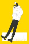  1boy absurdres boots hands_in_pockets hat highres hood hood_down hoodie hoodie_tucked_in hunoi14 long_sleeves male_focus one_piece open_mouth pants penguin_(one_piece) shaded_face signature sleeves_past_wrists smile solo teeth upper_teeth_only yellow_background 