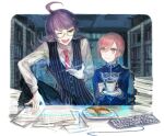  1boy 1girl :d ;d black_vest blue_jacket blunt_bangs collared_shirt commentary_request computer_keyboard crossdressing crossdressing_(ftm) cup desk gakuran glasses green_eyes holding holding_cup holding_saucer indoors jack_jeanne jacket leg_up long_hair necktie neji_kokuto one_eye_closed open_mouth pink_hair pinstripe_pattern pinstripe_vest plate purple_hair red_necktie saucer school_uniform semi-rimless_eyewear shirt short_hair smile tachibana_kisa taco under-rim_eyewear v-shaped_eyebrows vest white_shirt yellow_eyes yuhazu_(rhe-rhe) 