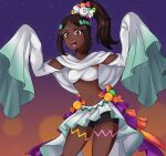  1girl alisa_(vallurite) candy_hair_ornament crop_top dark-skinned_female dark_skin fire_emblem fire_emblem_engage fire_emblem_heroes food-themed_hair_ornament ghost_costume ghost_hair_ornament gradient_clothes gradient_skirt hair_ornament halloween halloween_costume highres jack-o'-lantern long_sleeves looking_at_viewer navel night official_alternate_costume open_mouth skirt sky sleeves_past_fingers sleeves_past_wrists solo star-shaped_pupils star_(sky) star_(symbol) starry_sky symbol-shaped_pupils timerra_(fire_emblem) timerra_(halloween)_(fire_emblem) very_dark_skin 