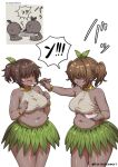  2girls breasts brown_hair chiikawa chopsticks commentary_request cowboy_shot dark-skinned_female dark_skin feeding fish futaba_(chiikawa) hair_over_eyes hitoha_(chiikawa) holding holding_chopsticks holding_with_chopsticks humanization leaf_skirt multiple_girls open_mouth perch_(fish) plump reference_inset simple_background soy_sauce speech_bubble sweat torinokawori watermark white_background 