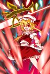  blonde_hair commentary_request crystal_wings flandre_scarlet glowing glowing_sword glowing_weapon glowing_wings hat holding holding_weapon kumoi_kei laevatein_(touhou) mob_cap red_eyes red_skirt red_vest ribbon side_ponytail skirt solo touhou vampire vest weapon wings 