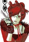  1girl angelbite_(piercing) bridge_piercing camisole choker colored_skin commentary dahlia_(piercing) face_piercing fingerless_gloves fingernails fur-trimmed_jacket fur_trim gloves gomi_beya hair_over_one_eye halftone highres holding holding_knife jacket knife long_eyelashes long_fingernails long_sleeves looking_at_viewer original piercing red_camisole red_eyes red_gloves red_hair red_jacket red_ribbon ribbon ribbon_choker semi-rimless_eyewear sharp_fingernails short_hair snake_hair snakebite_(piercing) solo untranslatable_commentary very_long_fingernails white_background white_nails white_skin 