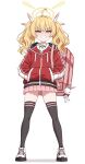  1girl bag bag_charm black_thighhighs blonde_hair blue_archive charm_(object) commentary full_body hair_ribbon halo hands_in_pockets highres jacket long_hair long_sleeves miniskirt pink_bag pink_skirt plaid_clothes plaid_skirt pleated_skirt red_jacket ribbon shoes simple_background skirt smile sneakers solo standing thighhighs twintails welchsbinn yellow_eyes yellow_halo yoshimi_(blue_archive) 