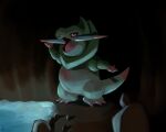  black_sclera cave_interior claws colored_sclera colored_skin commentary english_commentary fraxure green_skin grey_skin multicolored_skin nils302 no_humans open_mouth pokemon pokemon_(creature) red_eyes solo tail two-tone_skin water 