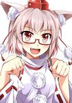  :d animal_ears bare_shoulders bespectacled blush detached_sleeves e.o. fang glasses hat highres inubashiri_momiji open_mouth paw_pose pink_hair pom_pom_(clothes) red_eyes semi-rimless_eyewear short_hair smile solo tokin_hat touhou turtleneck upper_body wolf_ears 