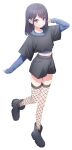  1girl black_boots black_hair black_shirt black_shorts black_thighhighs blush boots breasts commentary_request dress_shirt fishnet_thighhighs fishnets full_body highres katsushika_yuki layered_sleeves long_hair long_sleeves looking_at_viewer midriff_peek navel open_mouth original purple_eyes shirt short_over_long_sleeves short_sleeves shorts simple_background small_breasts smile solo thighhighs white_background 