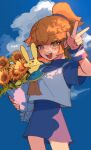  1girl arle_nadja blue_shirt blue_skirt blue_sky blunt_bangs blush bouquet brown_eyes brown_hair carbuncle_(puyopuyo) closed_mouth cloud commentary_request cowboy_shot creature creature_on_shoulder flower forehead_jewel half_chest_guard hand_up happy_birthday high_ponytail highres holding holding_bouquet medium_hair miniskirt on_shoulder open_mouth outdoors ponytail puyopuyo puyopuyo_fever_2 shirt short_sleeves sidelocks skirt sky smile sunflower tank_top teeth upper_teeth_only urolo w white_tank_top wristband yellow_flower 