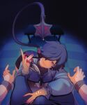  2boys absurdres animal_ears bent_over black_hair black_shorts bulge chair erection erection_under_clothes genderswap genderswap_(ftm) highres jacket jane_doe_(zenless_zone_zero) john_doe_(zenless_zone_zero)_(scopeophilia) knife looking_at_viewer male_focus mouse_boy mouse_ears mouse_tail multiple_boys pants panykath pov pov_hands restrained sharp_tail shorts smile tail threat tied_to_chair trap yaoi zenless_zone_zero 