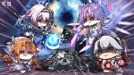  4girls absurdres ahoge aleph-1_(wuthering_waves) camellya_(wuthering_waves) camellya_mascot_(meme) chibi chibi_only closed_mouth commentary_request dagger denia_(breakdown)_(wuthering_waves) denia_(wuthering_waves) dual_wielding fiery_horns forehead_tattoo hair_ornament highres holding holding_dagger holding_knife holding_staff holding_weapon horns knife logo long_hair meme multiple_girls official_art orange_hair pink_hair purple_eyes purple_hair qingxiao_(wuthering_waves) red_eyes shaded_face sigrika_(wuthering_waves) smile staff tattoo weapon wuthering_waves 