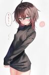  1girl ahoge black_sweater blue_eyes blush breasts brown_hair clothes_tug colored_inner_hair commentary_request covered_nipples cowboy_shot crossed_bangs dot_nose flying_sweatdrops from_side grey_background hair_between_eyes hair_intakes hand_up highres jewelry long_sleeves looking_at_viewer medium_hair multicolored_hair naked_sweater natukisigure necklace original parted_lips pink_hair ribbed_sweater sidelocks simple_background sleeves_past_wrists small_breasts solo speech_bubble spoken_blush sweater sweater_tug translation_request turning_head turtleneck turtleneck_sweater two-tone_hair 