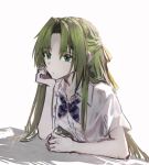  1girl absurdres cokei collarbone collared_shirt commentary dot_nose elbow_rest green_eyes green_hair hair_ribbon head_on_hand head_rest highres higurashi_no_naku_koro_ni long_hair parted_bangs ribbon school_uniform shirt short_sleeves simple_background solo sonozaki_shion st._lucia_academy_school_uniform white_shirt yellow_ribbon 
