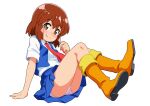  1990s_(style) 1girl arm_support ass blue_skirt blue_vest blush boots brown_eyes brown_hair closed_mouth commentary_request full_body legs looking_at_viewer mizusaki_johnko moko-chan necktie panties pantyshot red_necktie retro_artstyle shirt short_hair short_sleeves simple_background sitting skirt smile solo tamiya_incorporated thighs underwear vest white_background white_panties white_shirt 