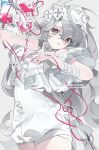  1girl bandaid_on_chest blood blood_splatter character_request commentary commission copyright_request grey_eyes grey_hair hair_ornament highres long_hair nuoom parted_lips pink_pupils shirt shorts simple_background solo transfusion very_long_hair white_background white_shirt 