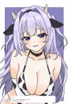  1girl 9-nine- alternate_costume animal_ear_hairband animal_ears animal_print bare_shoulders belt_collar bikini black_hairband blue_eyes blunt_bangs blush border breasts cleavage collar collarbone commentary_request cow_ear_hairband cow_ears cow_print cow_print_bikini cow_print_gloves crosspuzzle elbow_gloves eyelashes fake_animal_ears fan_request floating_hair gloves hair_intakes hairband halterneck highres kousaka_haruka large_breasts long_hair looking_at_viewer open_mouth outside_border print_bikini print_gloves purple_background request_inset seductive_smile sidelocks signature simple_background smile solo swimsuit two_side_up upper_body very_long_hair white_border 