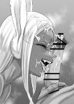  1boy 1girl absurdres after_fellatio animal_ears bar_censor blush boku_no_hero_academia censored closed_eyes commentary cum cum_in_mouth cum_on_body cum_on_hair cum_string cumdrip cumdrip_from_penis eyelashes facial fang fellatio from_side furrowed_brow greyscale hand_on_another's_crotch hetero highres kaiman_garupan mirko monochrome open_mouth oral penis penis_on_face rabbit_ears rabbit_girl solo_focus sweat teeth 