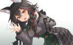  1girl animal_ear_fluff animal_ears black_bow black_bowtie black_hair bow bowtie braid center_frills cross-laced_clothes cross-laced_sleeves frills grey_shirt highres holding_own_hair hololive long_hair low_twin_braids multicolored_hair ookami_mio ookami_mio_(8th_costume) red_streaks ryuga_(balius) shirt sleeve_ribbon solo streaked_hair twin_braids virtual_youtuber wolf_ears wolf_girl 