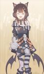  1girl absurdres ahoge animal_ear_headphones animal_ears arm_belt arms_behind_back asymmetrical_legwear bandaid bandaid_on_leg bare_shoulders bat_wings belt belt_collar black_choker black_hair black_nails black_sweater cat_ear_headphones cat_ears choker closed_eyes collar commentary_request cowboy_shot cross-laced_clothes cross-laced_dress dress eyeball_hair_ornament facing_viewer fake_animal_ears headphones highres layered_dress leg_belt long_sleeves mahou_shoujo_no_majo_saiban multicolored_hair nail_polish obelisk3 off-shoulder_sweater off_shoulder open_mouth orange_nails orange_streaks sawatari_coco shirt short_hair single_bare_shoulder single_thighhigh skirt skull smile solo straight-on streaked_hair striped_clothes striped_thighhighs stuffed_animal stuffed_cat stuffed_toy sweater thighhighs white_shirt white_skirt wings yellow_background 