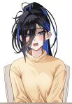  1girl @_@ ayase_yuu black_hair blue_eyes blue_hair blue_streaks blush chair colored_inner_hair commentary_request double-parted_bangs ear_piercing earrings high_ponytail highres jewelry long_bangs long_hair long_sleeves looking_at_viewer maximum_pamyu multicolored_hair official_alternate_hairstyle open_mouth phase_connect piercing ponytail raised_inner_eyebrows simple_background sitting solo streaked_hair sweat sweater teeth turtleneck turtleneck_sweater upper_body virtual_youtuber white_background yellow_sweater 